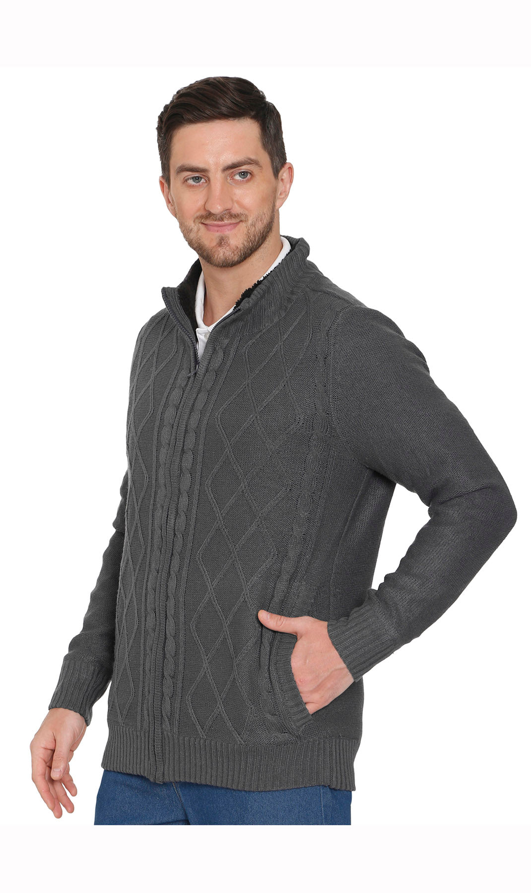 Mens Sherpa Fleece Lined Zip Front Sweater Jacket