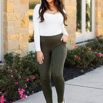 Olive Green Full Length Leggings with Pocket