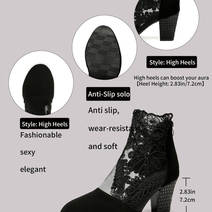 Women’s Lace-Embroidered Mesh Chunky-Heel Ankle Boots