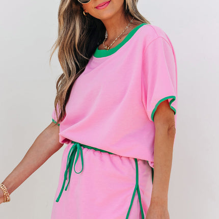 Luxury Colorblock Edge Drop Shoulder T Shirt and Skort 2Pcs Set