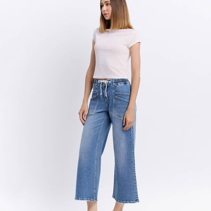 High Rise Flare Denim with Drawstring Waist