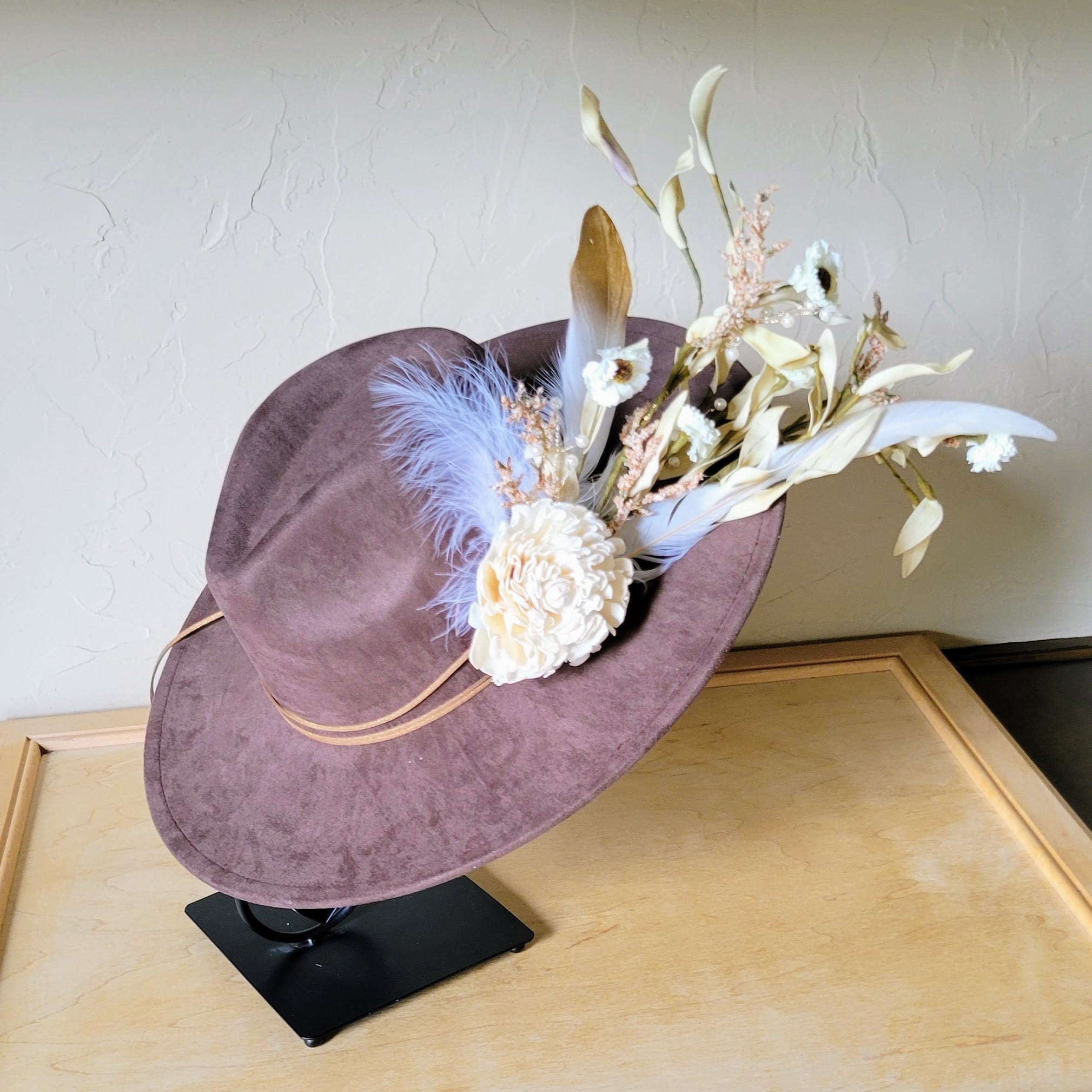 Boho Western Wedding Floral & Feather Bridal Hat in Brown 984m