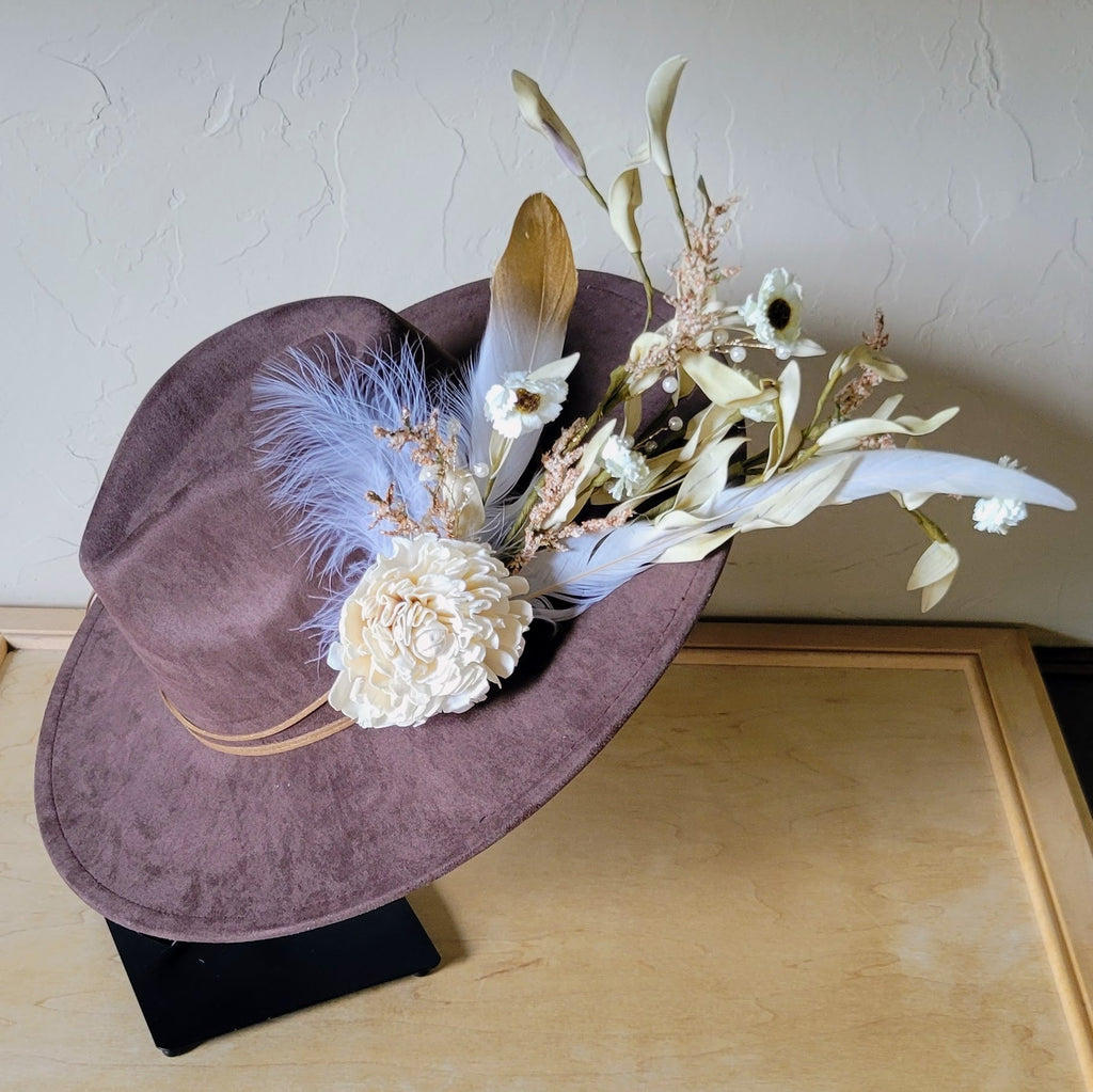 Boho Western Wedding Floral & Feather Bridal Hat in Brown 984m