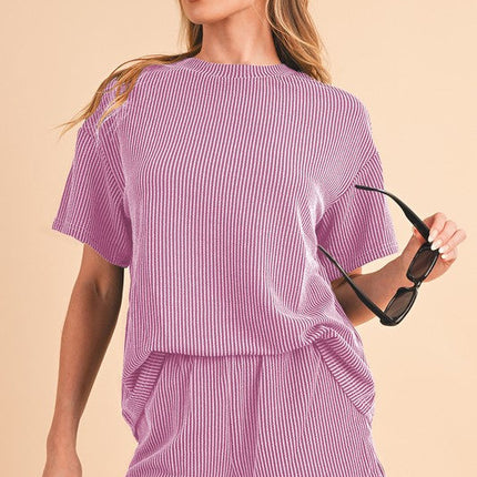 Ribbed Textured Knit Loose Fit Tee and Shorts Set