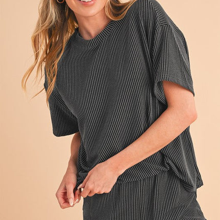 Ribbed Textured Knit Loose Fit Tee and Shorts Set