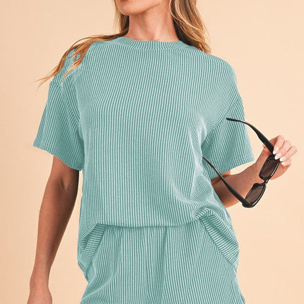 Ribbed Textured Knit Loose Fit Tee and Shorts Set