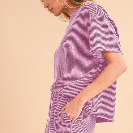 Ribbed Textured Knit Loose Fit Tee and Shorts Set