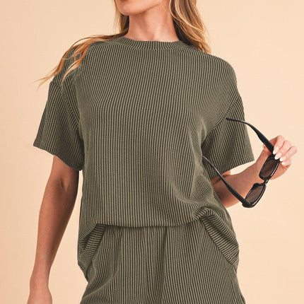 Ribbed Textured Knit Loose Fit Tee and Shorts Set