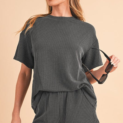 Ribbed Textured Knit Loose Fit Tee and Shorts Set
