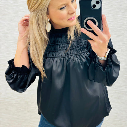 Black Frilled Satin Blouse