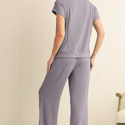 Luxury Solid Corded Short Sleeve T Shirt And Wide Leg Pants Set