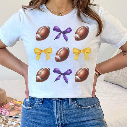 Game Day Yellow Purple Football Bows Tee