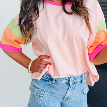 Women Color Block Stitching Sleeve Oversize Top
