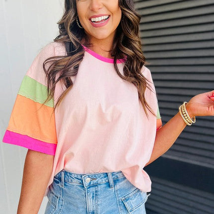 Women Color Block Stitching Sleeve Oversize Top