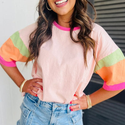 Women Color Block Stitching Sleeve Oversize Top