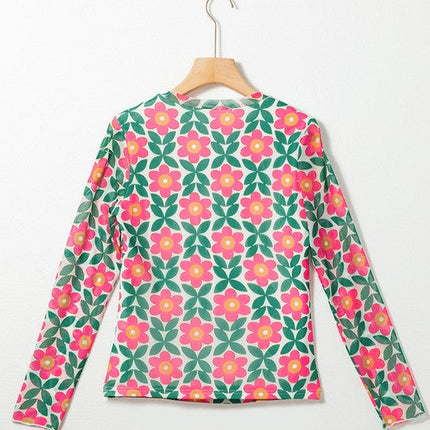 Women Retro Floral Print Stretchy Long Sleeve Top