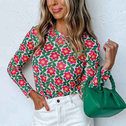 Women Retro Floral Print Stretchy Long Sleeve Top