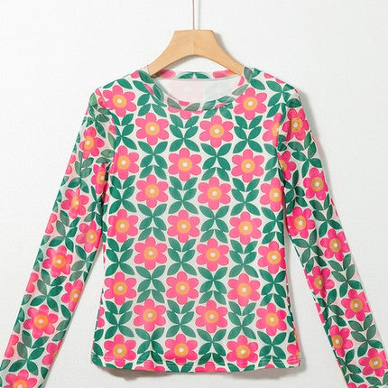 Women Retro Floral Print Stretchy Long Sleeve Top