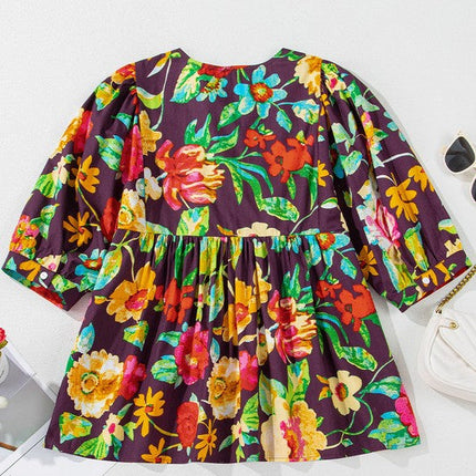 Gray Flower Embroidered Trim Half Sleeve Blouse