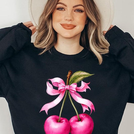 Cherry with Coquette Bow Graphic Fleece Sweatshirt
