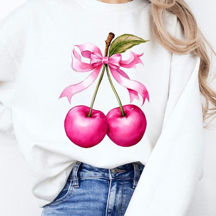 Cherry with Coquette Bow Graphic Fleece Sweatshirt