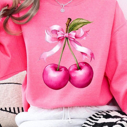 Cherry with Coquette Bow Graphic Fleece Sweatshirt