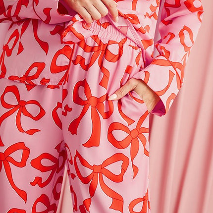 Bow Button Up and Loose Pants Pajama Set