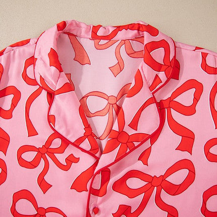 Bow Button Up and Loose Pants Pajama Set