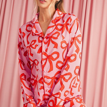 Bow Button Up and Loose Pants Pajama Set