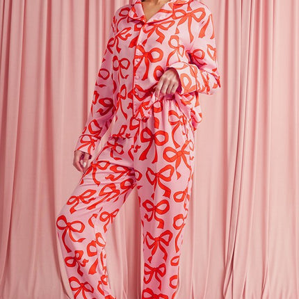 Bow Button Up and Loose Pants Pajama Set