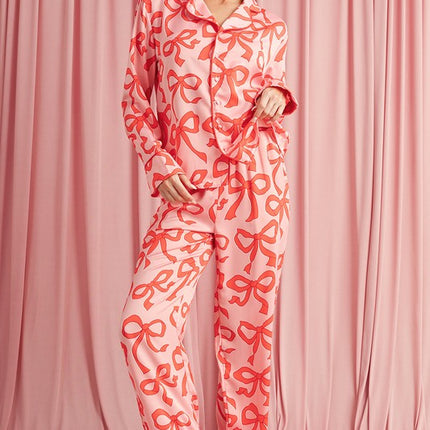 Bow Button Up and Loose Pants Pajama Set