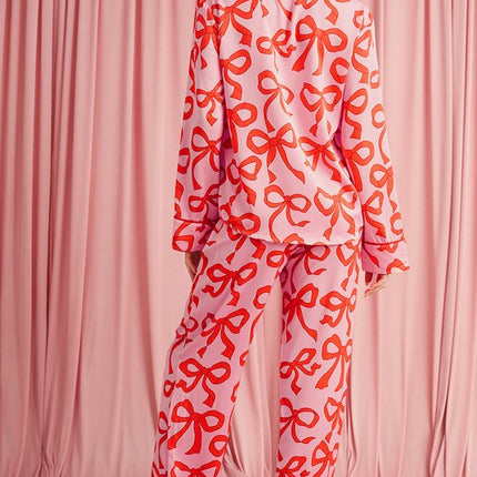 Bow Button Up and Loose Pants Pajama Set