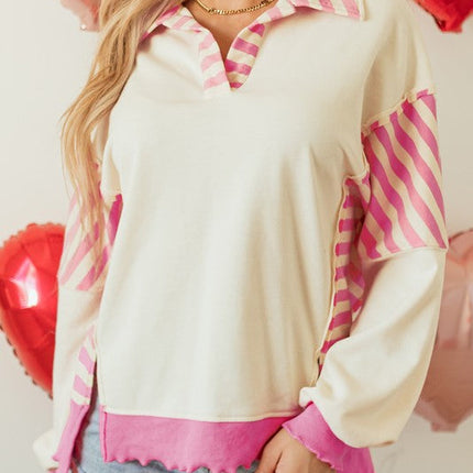Stripe Colorblock Collared French Terry Top