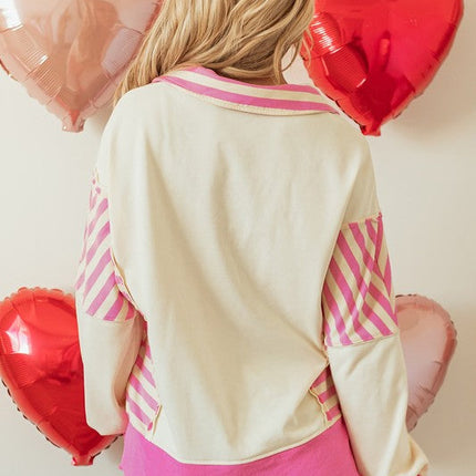 Stripe Colorblock Collared French Terry Top