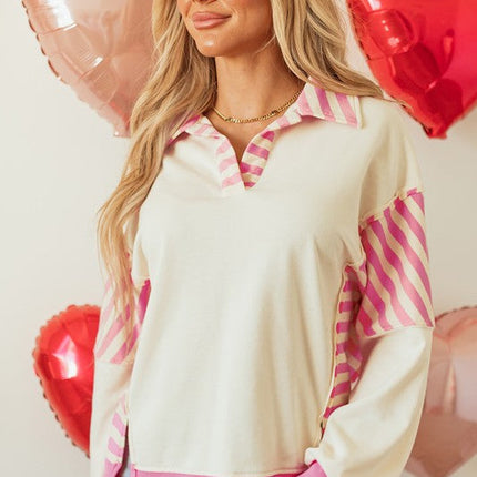 Stripe Colorblock Collared French Terry Top