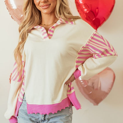 Stripe Colorblock Collared French Terry Top