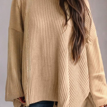 Cable Knit Drop Shoulder Side Slits Loose Sweater