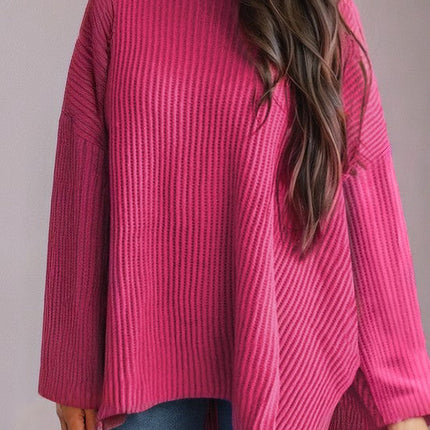 Cable Knit Drop Shoulder Side Slits Loose Sweater