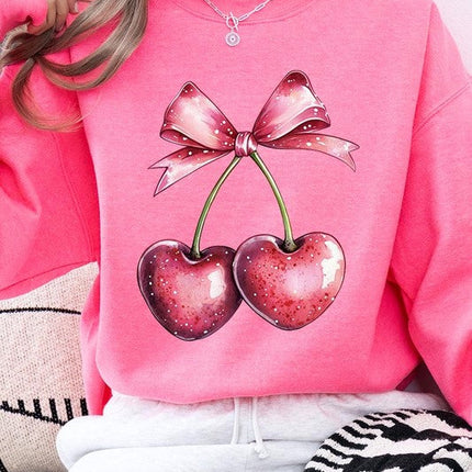 Heart Cherries With Bow Graphic Fleece Sweatshirt