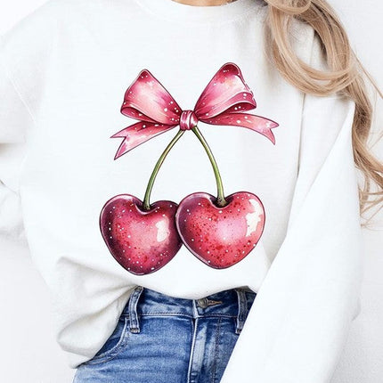 Heart Cherries With Bow Graphic Fleece Sweatshirt