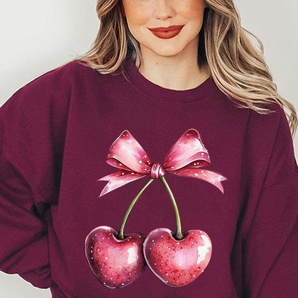 Heart Cherries With Bow Graphic Fleece Sweatshirt