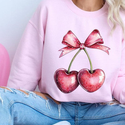 Heart Cherries With Bow Graphic Fleece Sweatshirt