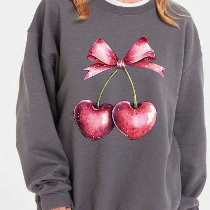 Heart Cherries With Bow Graphic Fleece Sweatshirt