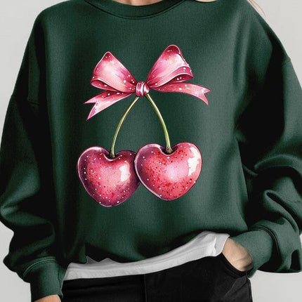 Heart Cherries With Bow Graphic Fleece Sweatshirt
