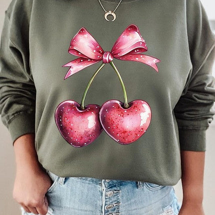 Heart Cherries With Bow Graphic Fleece Sweatshirt