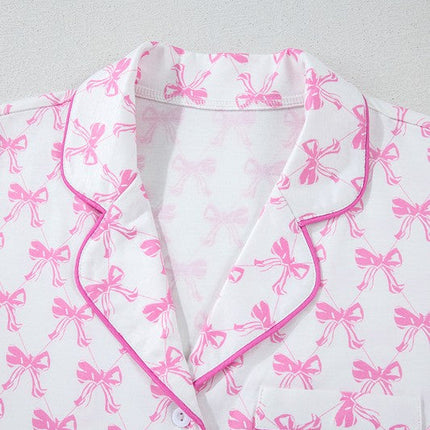 Bowknot Shirt and Ruffle Hem Shorts Pajama Set