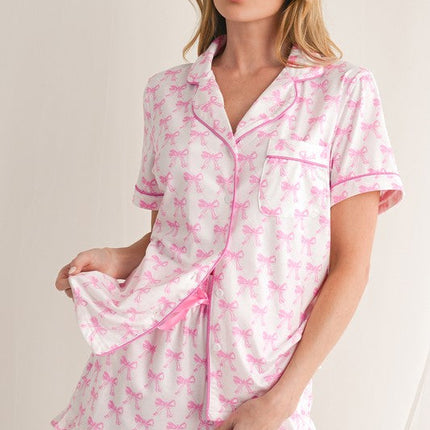 Bowknot Shirt and Ruffle Hem Shorts Pajama Set