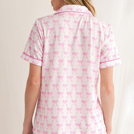 Bowknot Shirt and Ruffle Hem Shorts Pajama Set