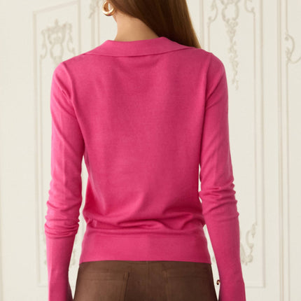 Long Sleeve Polo Knit Top -Fuchsia