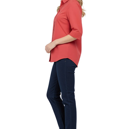 Womens Regular Fit 3/4 Sleeve Button Down Collared Camp Shirt